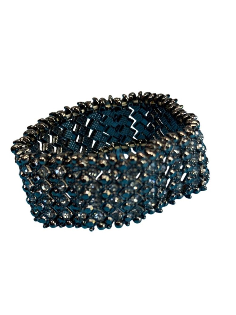 Wide Gunmetal Crystal Stretch Cuff Bracelet Black Chrome Rhinestone Mesh 7" - Picture 2 of 7